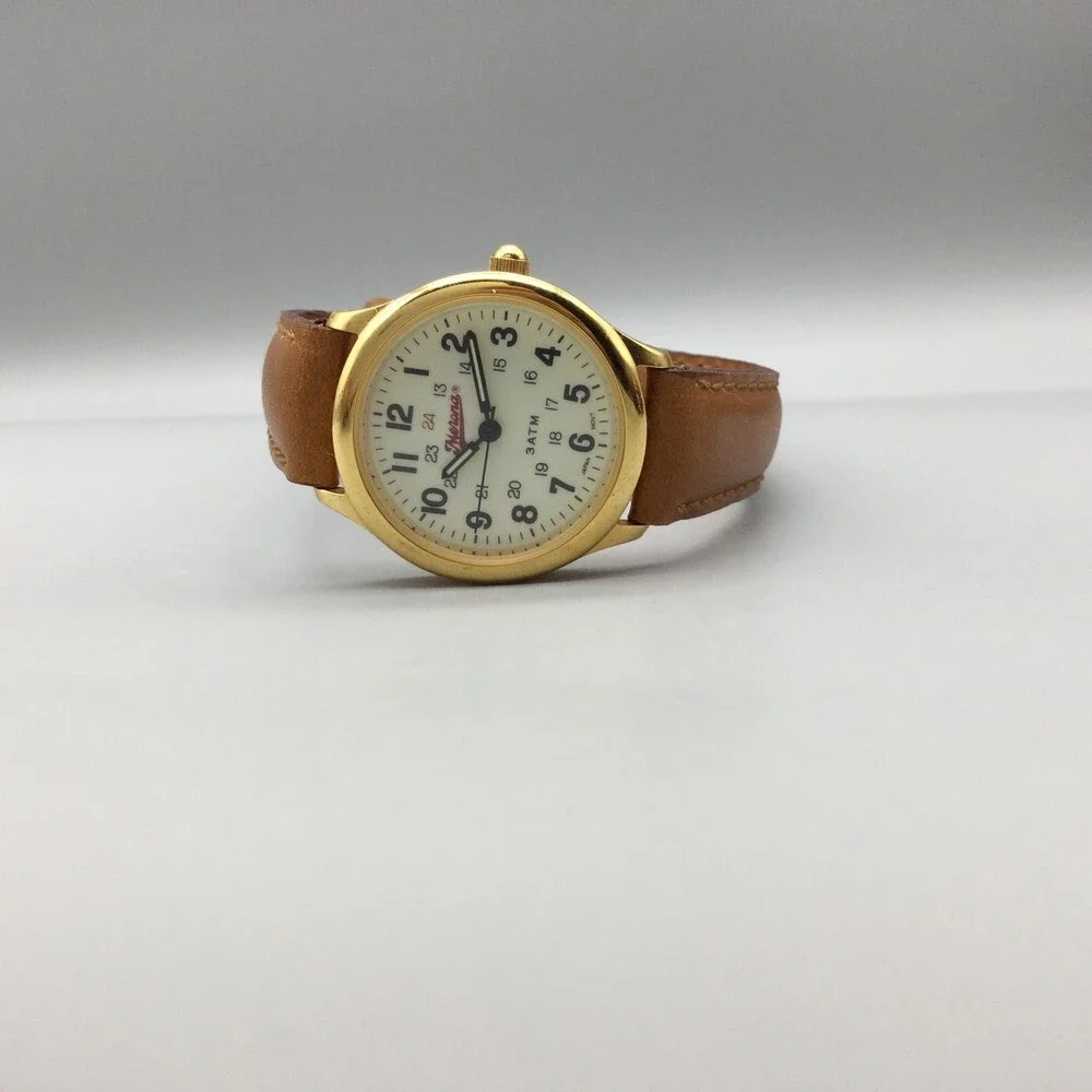 Merona Womens Watch 27mm Cream Dial Gold Tone Brown Leather Band